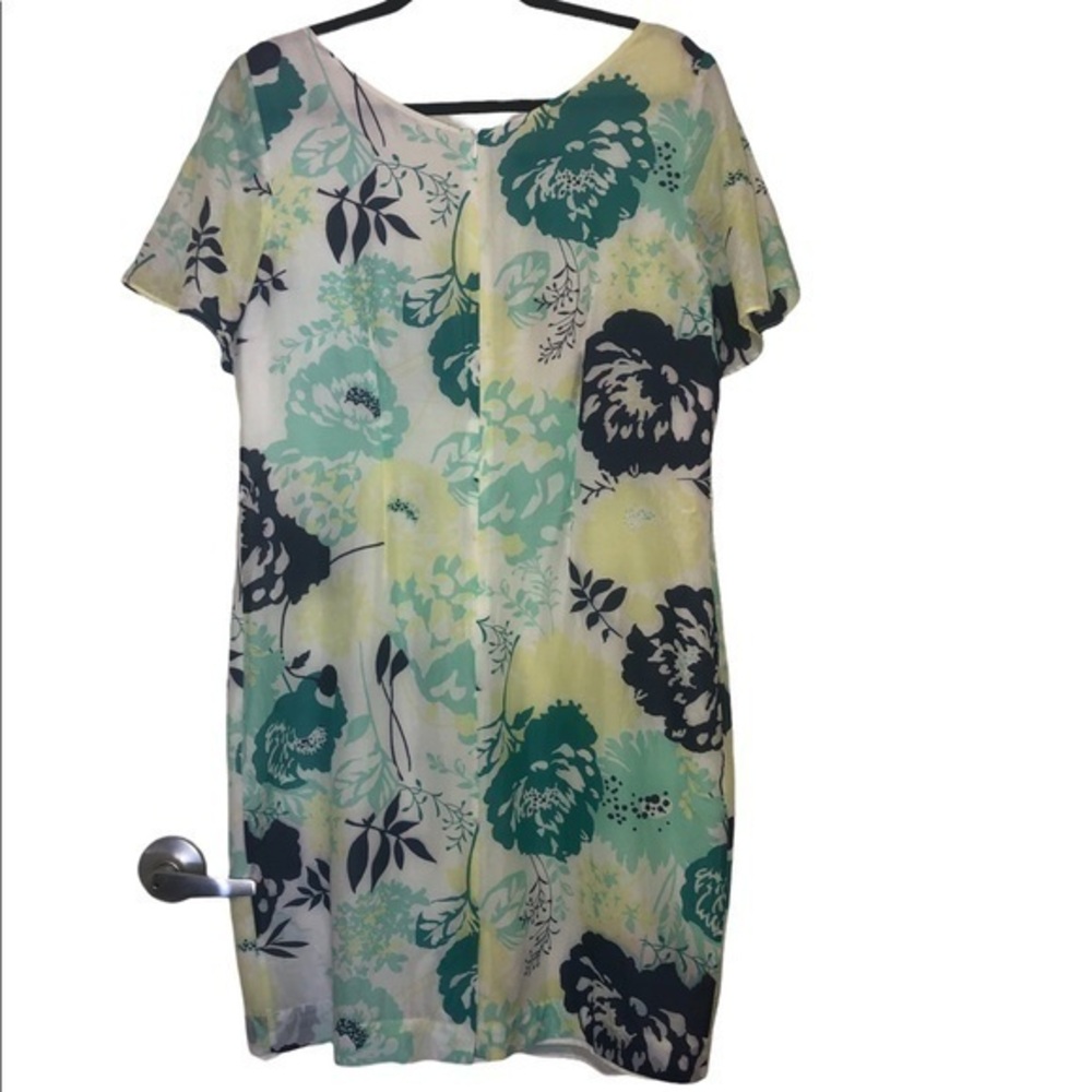Pendleton 100% silk floral dress white navy turquoise v-neck lined lightweight